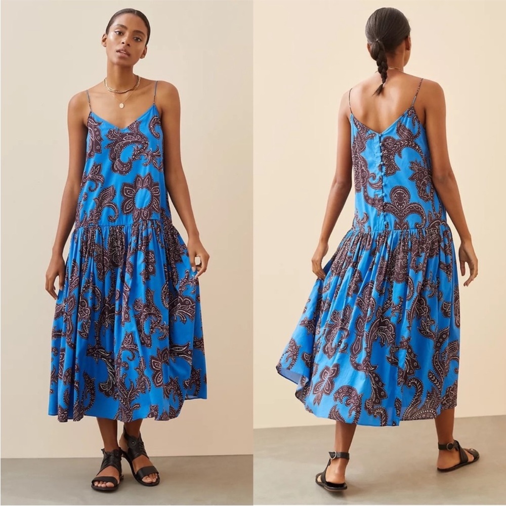 Anthropologie ATSP flouncy tiered Blue Paisley Midi Dress